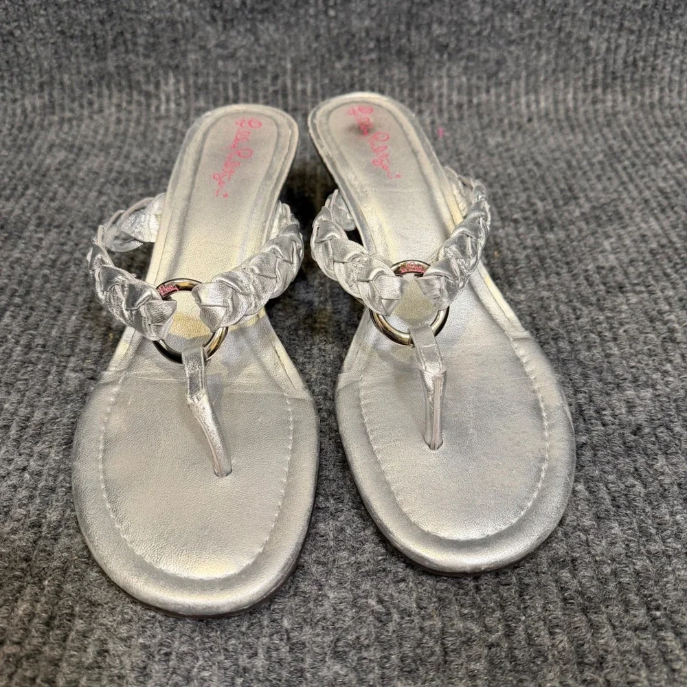 Lilly Pulitzer Wedge Sandals Womens 8.5 M Silver Braided Thong Resort Raffia